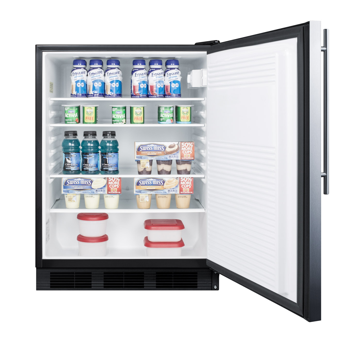 ADA compliant all-refrigerator for freestanding general purpose use, auto defrost w/SS door, thin handle, and black cabinet
